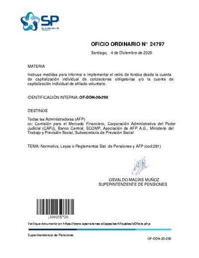 Oficio Ordinario N° 24797, del 4 de diciembre de 2020, que instruye medidas para informar e implementar el retiro de fondos desde la cuenta de capitalización individual de cotizaciones obligatorias y/o la cuenta de capitalización individual de afiliado voluntario.