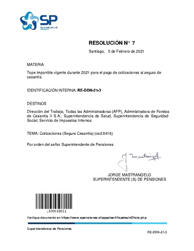 Resolución Exenta N° 7, del 5 de febrero de 2021, que fija tope imponible vigente durante 2021 para el pago de cotizaciones al seguro de cesantía.