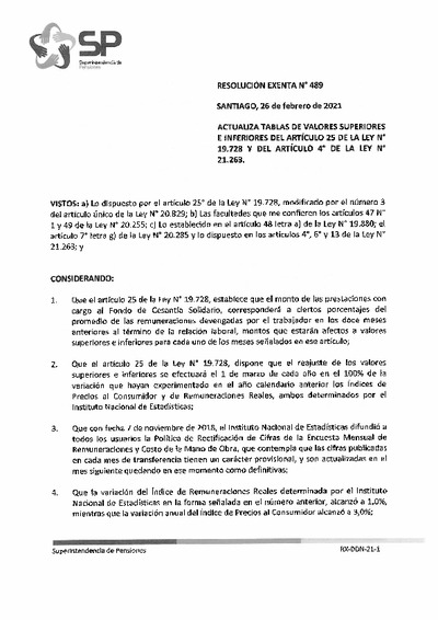 Resolución Exenta N° 489, del 26 de febrero de 2021, que actualiza tablas de valores superiores e inferiores del artículo 2s de La ley N° 19.728 y del artículo 4° de la Ley N° 21.263.