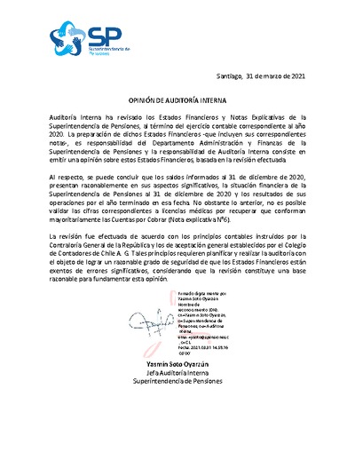 Opinión de Auditoría Interna sobre Estados Financieros y Notas Explicativas de la SP 2020