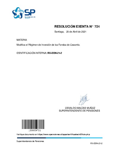 Resolución Exenta N° 724, del 20 de abril de 2021, que modifica el Régimen de Inversión de los Fondos de Cesantía