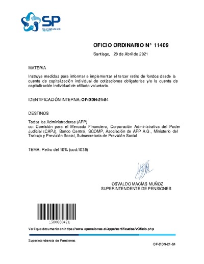 Oficio Ordinario N° 11409, del 28 de abril de 2021, que instruye medidas para informar e implementar el tercer retiro de fondos desde la cuenta de capitalización individual de cotizaciones obligatorias y/o la cuenta de capitalización individual de afiliado voluntario.