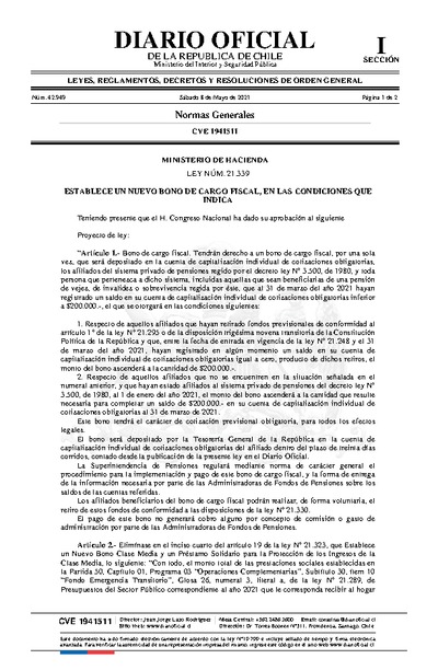 Ley N° 21.339 que establece un nuevo bono de cargo fiscal. Publicada en el Diario Oficial el 8 de mayo de 2021.