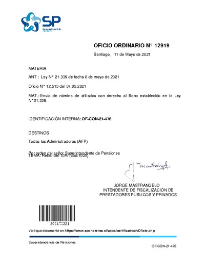 Oficio Ordinario N° 12919, del 11 de mayo de 2021, sobre envío de nómina de afiliados con derecho al bono establecido en la Ley N° 21.339.