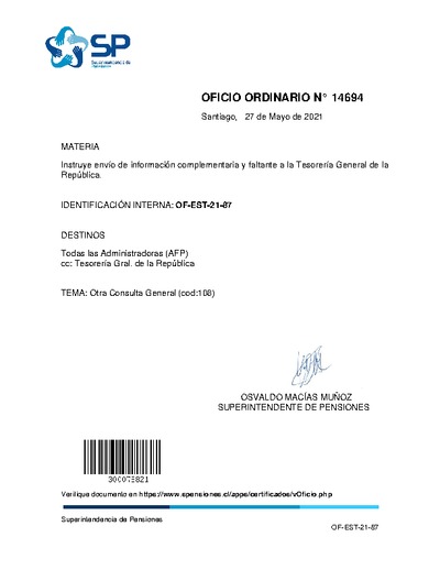 Oficio Ordinario N° 14694, del 27 de mayo de 2021, que instruye envío de información complementaria y faltante a la Tesorería General de la República (TGR).