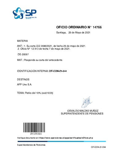 Oficio Ordinario N° 14766, del 28 de mayo de 2021, que responde su carta del antecedente.