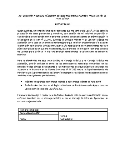 Autorización a Consejo Médico o a Consejo Médico de Apelación para revisión de ficha clínica.