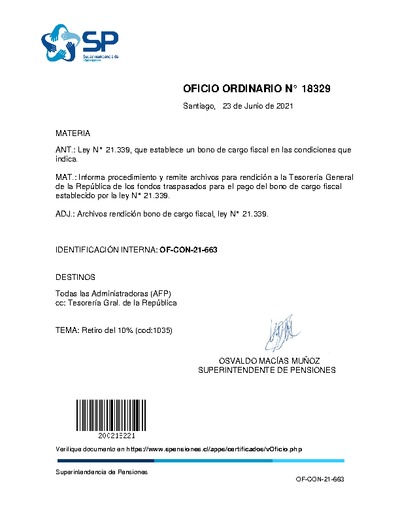 Oficio Ordinario N° 18329, del 23 de junio de 2021, que informa procedimientos y remite archivos para rendición a la Tesorería General de la República de los fondos traspasados para el pago del bono fiscal establecido por Ley Nº 21.339.