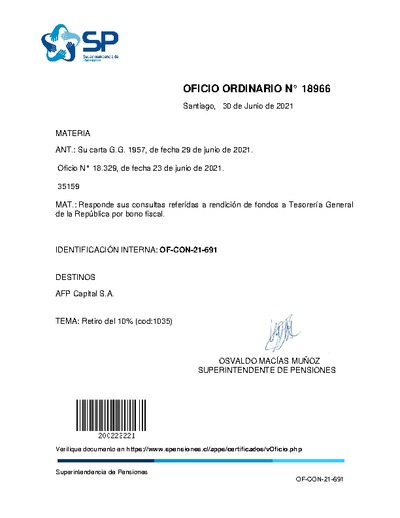 Oficio Ordinario N° 18966, del 30 de junio de 2021, que responde sus consultas referidas a rendición de fondos a Tesorería General de la República por bono fiscal.