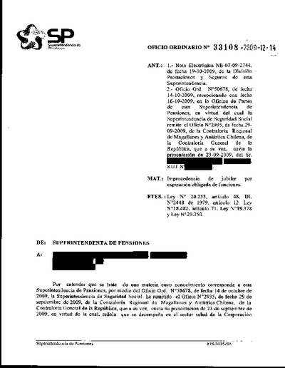 Oficio Ordinario Nº 33108, del 14 de diciembre de 2009