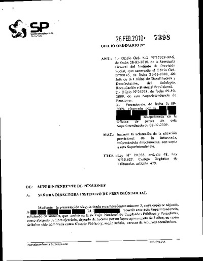 Oficio Ordinario Nº 7398, del 26 de febrero de 2010