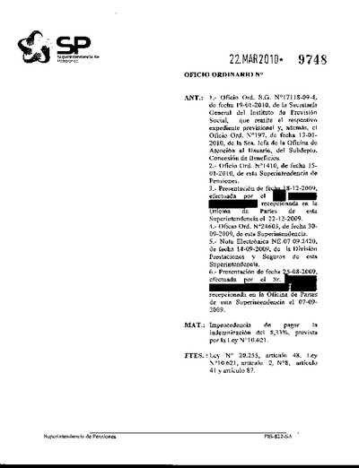 Oficio Ordinario Nº 9748, del 22 de marzo de 2010