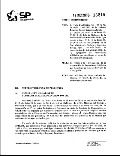 Oficio Ordinario Nº 16219, del 17 de mayo de 2010