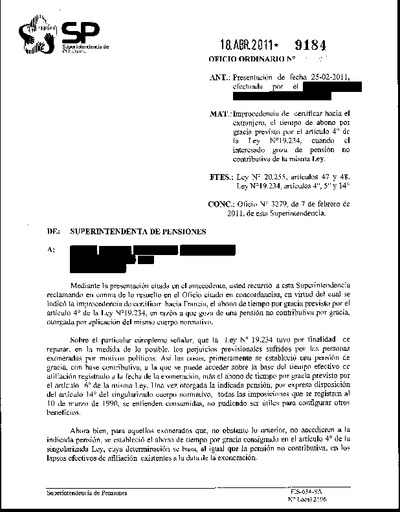 Oficio Ordinario Nº 9184, del 18 de abril de 2011