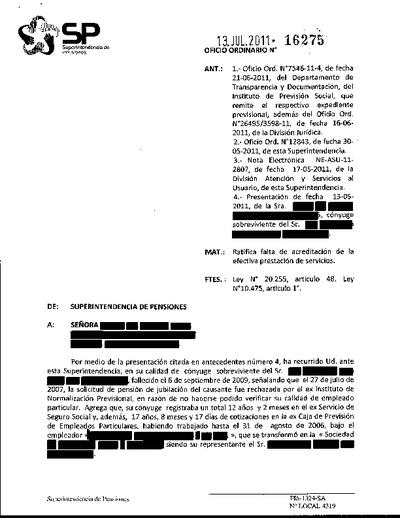 Oficio Ordinario Nº 16275, del 13 de julio de 2011