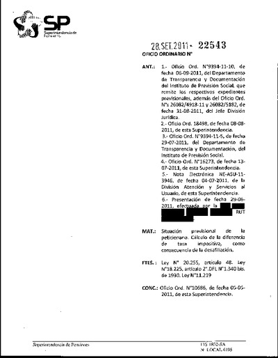 Oficio Ordinario Nº 22543, del 28 de septiembre de 2011