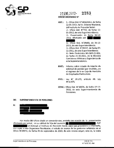 Oficio Ordinario Nº 2283, del 27 de enero de 2012