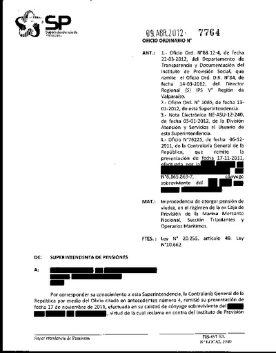 Oficio Ordinario Nº 7764, del 9 de abril de 2012