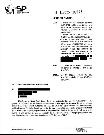 Oficio Ordinario Nº 16928, del 18 de julio de 2012