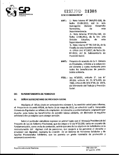 Oficio Ordinario Nº 21308, del 3 de septiembre de 2012