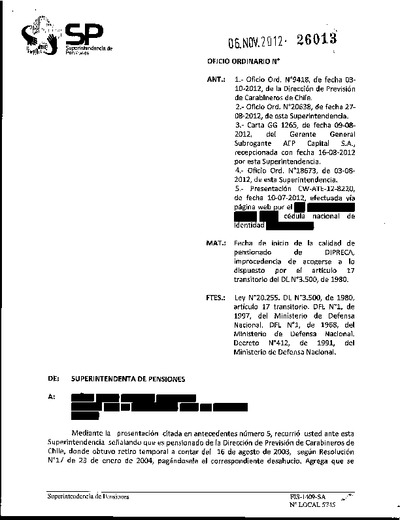 Oficio Ordinario Nº 26013, del 6 de noviembre de 2012