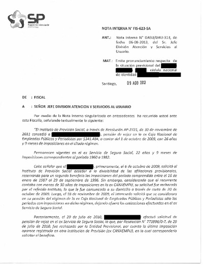 Nota Interna N° 623, del 9 de agosto de 2013