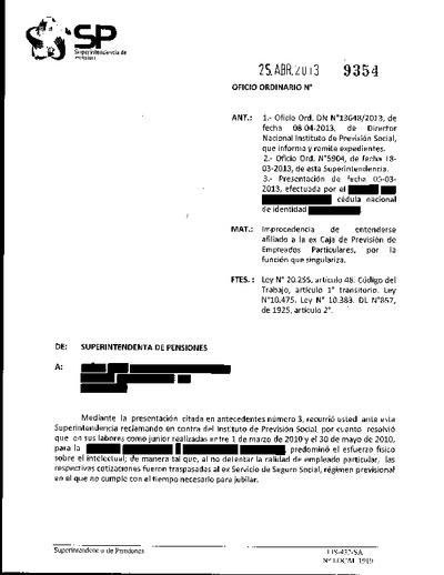 Oficio Ordinario Nº 9354, del 25 de abril de 2013