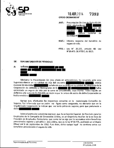 Oficio Ordinario Nº 7393, del 10 de abril de 2014