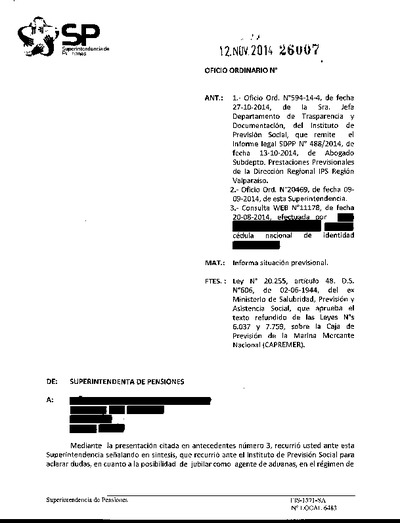 Oficio Ordinario Nº 26007, del 12 de noviembre de 2014