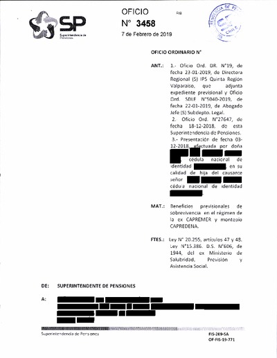 Oficio Ordinario Nº 3458, del 7 de febrero de 2019