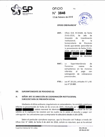 Oficio Ordinario Nº 3846, del 13 de febrero de 2019