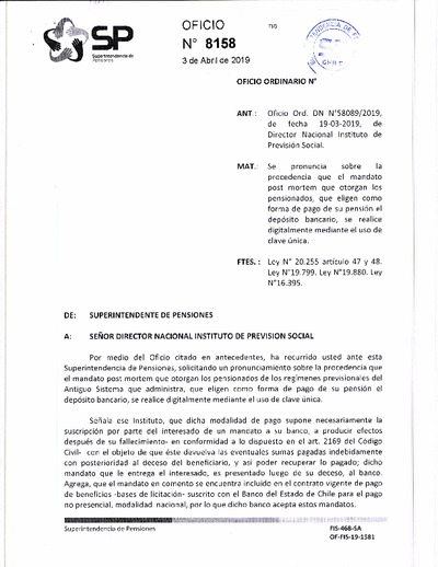 Oficio Ordinario Nº 8158, del 3 de abril de 2019
