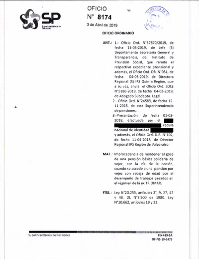 Oficio Ordinario Nº 8174, del 3 de abril de 2019
