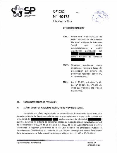 Oficio Ordinario Nº 10173, del 7 de mayo de 2019