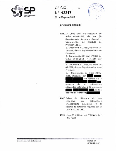 Oficio Ordinario Nº 12217, del 30 de mayo de 2019
