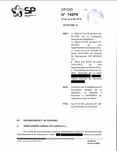 Oficio Ordinario Nº 14374, del 27 de junio de 2019