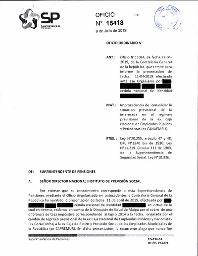Oficio Ordinario Nº 15418, del 9 de julio de 2019