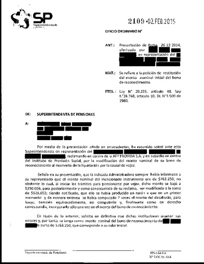 Oficio Ordinario Nº 2109, del 2 de febrero de 2015