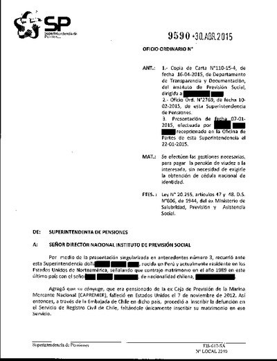 Oficio Ordinario Nº 9590, del 30 de abril de 2015