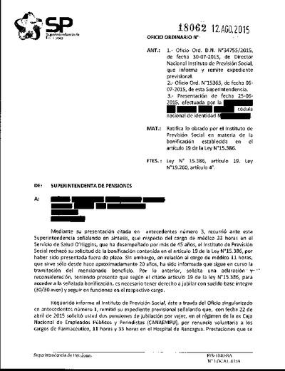 Oficio Ordinario Nº 18062, del 12 de agosto de 2015