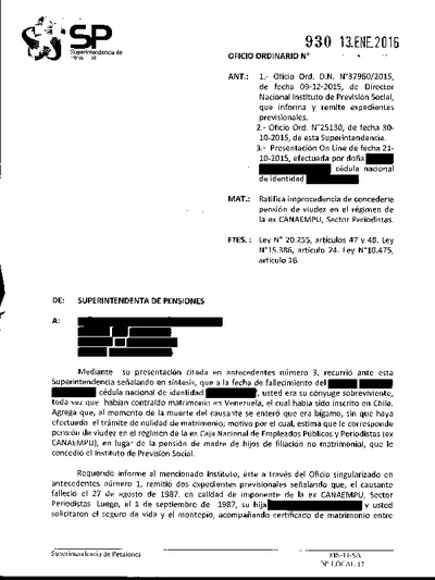 Oficio Ordinario Nº 930, del 13 de enero de 2016