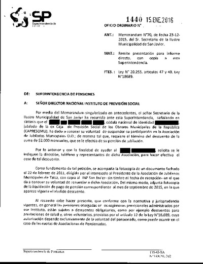 Oficio Ordinario Nº 1440, del 15 de enero de 2016