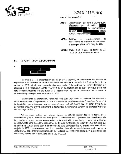 Oficio Ordinario Nº 3703, del 11 de febrero de 2016