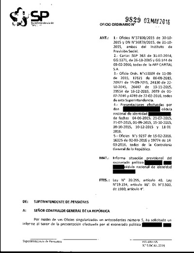 Oficio Ordinario Nº 9829, del 3 de mayo de 2016