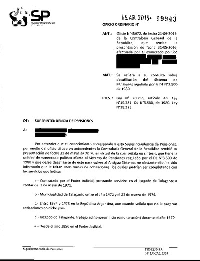 Oficio Ordinario Nº 19943, del 9 de agosto de 2016