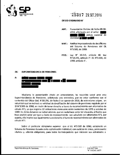 Oficio Ordinario Nº 25317, del 29 de septiembre de 2016