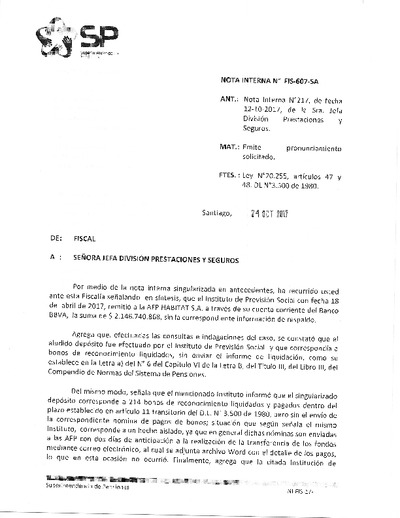 Nota Interna N° 607, del 24 de octubre de 201