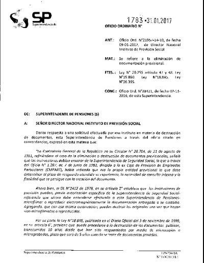 Oficio Ordinario Nº 1783, del 31 de enero de 2017