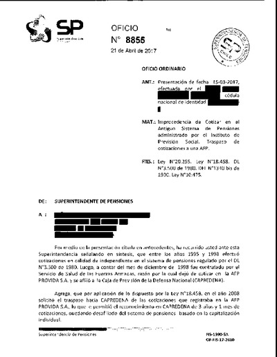 Oficio Ordinario Nº 8855, del 21 de abril de 2017