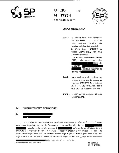 Oficio Ordinario Nº 17264, del 1 de agosto de 2017